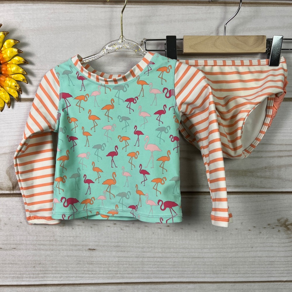 RuffleButts Kids Flamingo Rashguard Swimsuit Set 18-24M Long Sleeve Bathing Suit